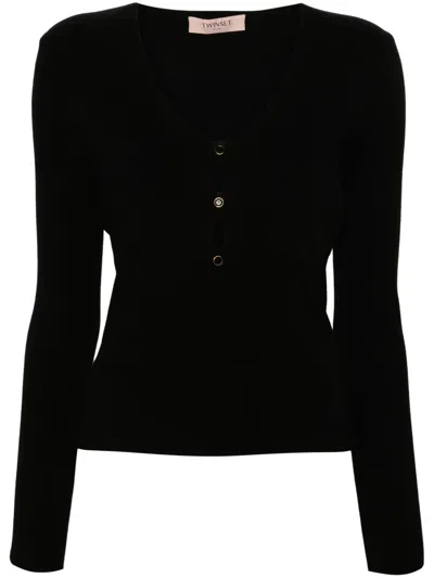 Twinset Crystal-embellished Ribbed Top In Black