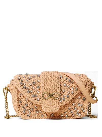 Twinset Crystal-embellished Crochet Shoulder Bag In Nude