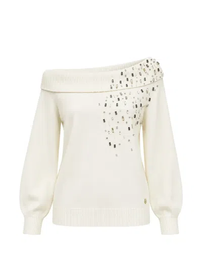 Twinset Crystal-embellished Off-shoulder Sweater In Neutral