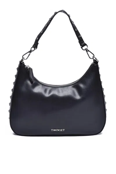 Twinset Curved Hobo Bag With Glossy Finish And Studded Strap In Black