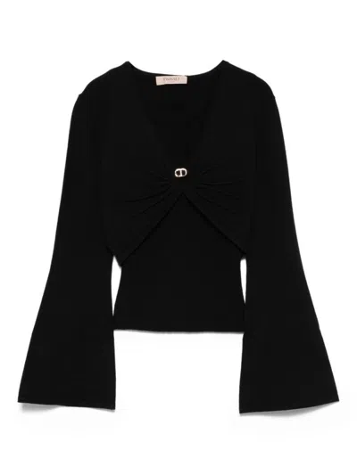 TWINSET DEEP V-NECK SHIRT WITH TWIST DETAIL AND GOLD BUCKLE