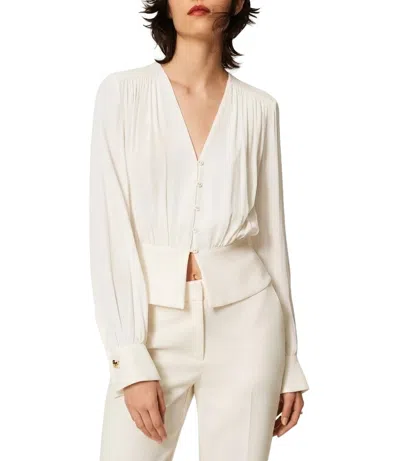 Twinset Deep V-neck Pleated Long-sleeve Blouse In Neutral
