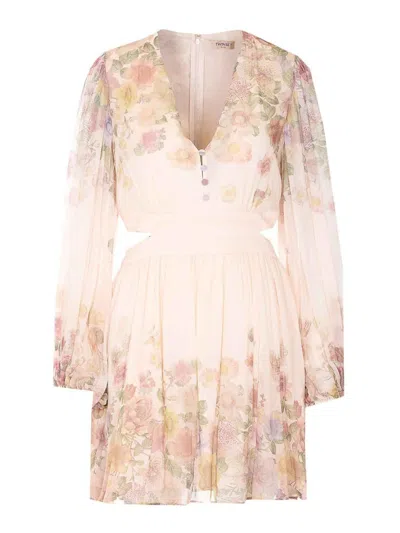 Twinset Delicate Floral Print Mini Dress With Puff Sleeves In Neutral
