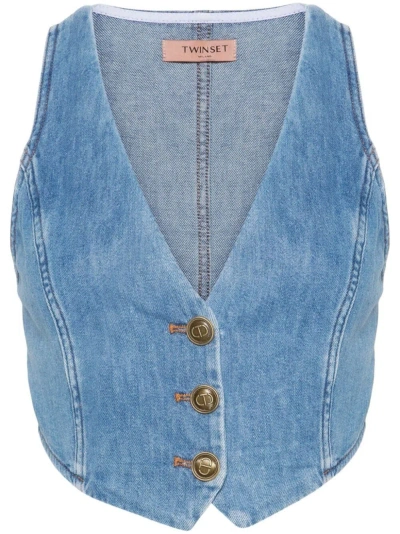Twinset Button-up Denim Waistcoat In Stone Washed