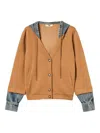 Twinset Denim-insert Hooded Sweatshirt In Brown