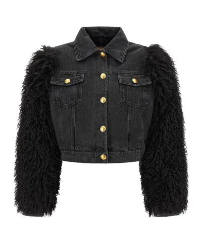 Twinset Denim Jacket With Shearling Sleeve Trim In Black