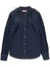 Twinset Feather-detail Denim Shirt In Blue