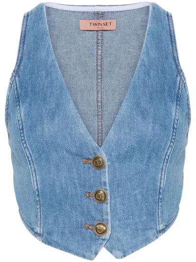 Twinset Button-up Denim Waistcoat In Light Blue