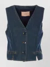 Twinset Denim Vest With Front Pockets And V-neckline In Blue