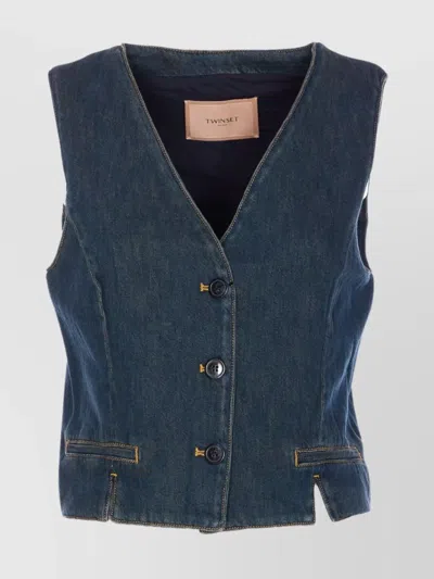 TWINSET DENIM VEST WITH FRONT POCKETS AND V-NECKLINE