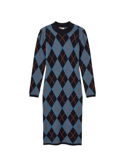 Twinset Diamond Jacquard Long Knit Dress In Blue