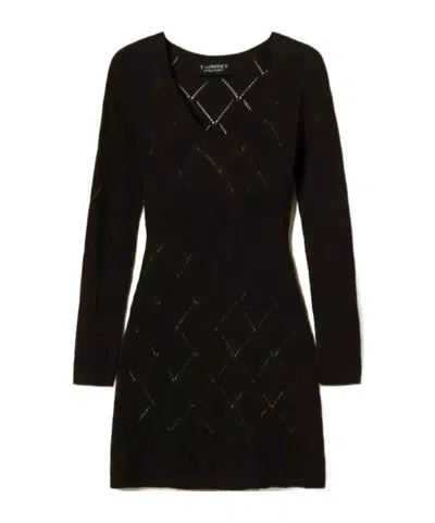 Twinset Diamond-pattern Long-sleeve Mini Dress In Black