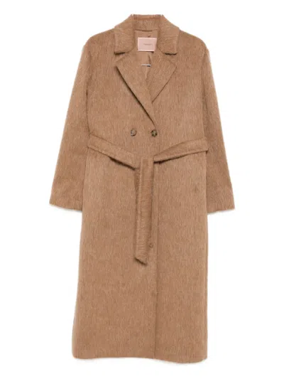 Twinset Double-breasted Belted Coat In Brown