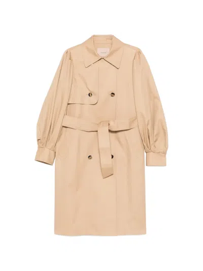 Twinset Double-breasted Belted Coat In Neutral