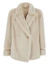 Twinset White Double-breasted Coat With Peak Revers In Ecofur Woman In Neutral
