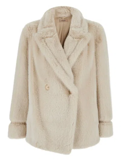 Twinset White Double-breasted Coat With Peak Revers In Ecofur Woman In Neutral