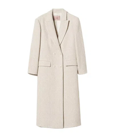 Twinset Double-breasted Herringbone Coat In White