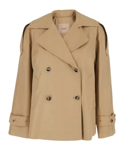 Twinset Double-breasted Short Coat In Brown