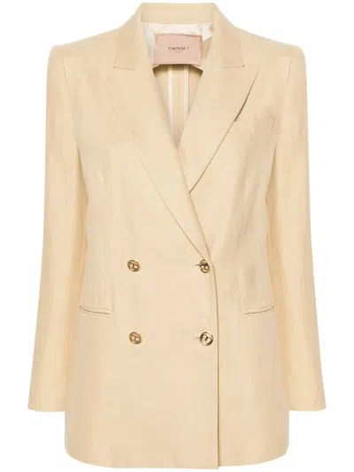 Twinset Double-breasted Twill Blazer In Neutrals