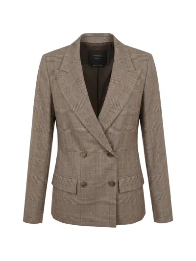 Twinset Double-breasted Checked Blazer In Brown