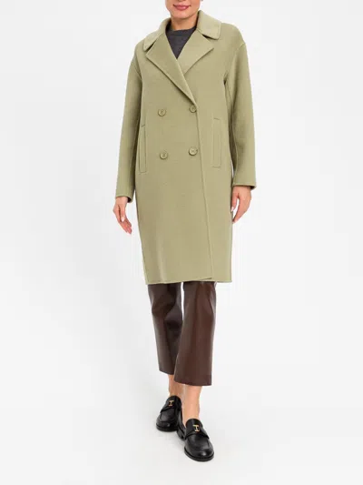 Twinset Double-breasted Knee-length Wool Coat With Lapels And Welt Pockets In Green