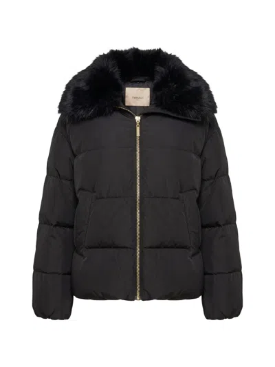 Twinset Down Jacket With Faux Fur Collar And Zip In Black