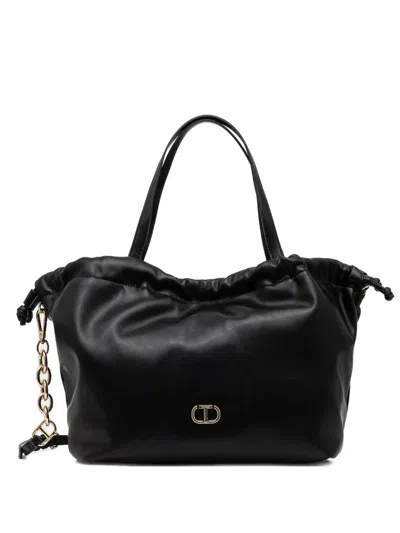 Twinset Drawstring Leather Shoulder Bag In Black