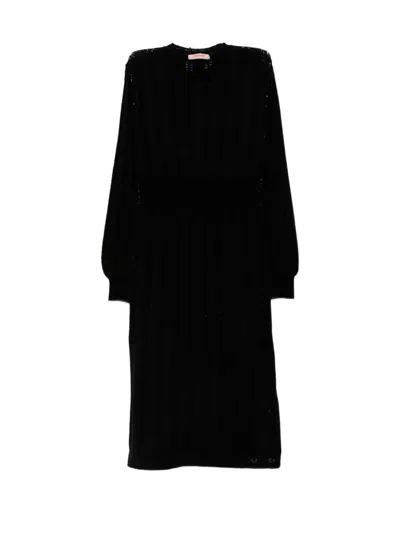 Twinset Pointelle-knit Long-sleeve Dress In Black