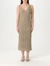 Twinset Green Long Dress With V-neck And All-over Pleated Details In Viscose Blend Woman In Gold