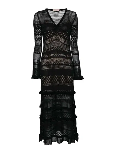 Twinset Open-knit Ruffled Maxi Dress In Black