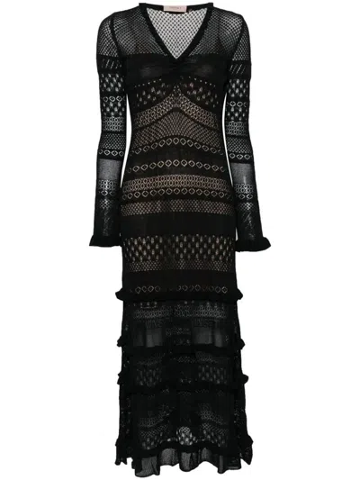 Twinset Open-knit Ruffled Maxi Dress In Black
