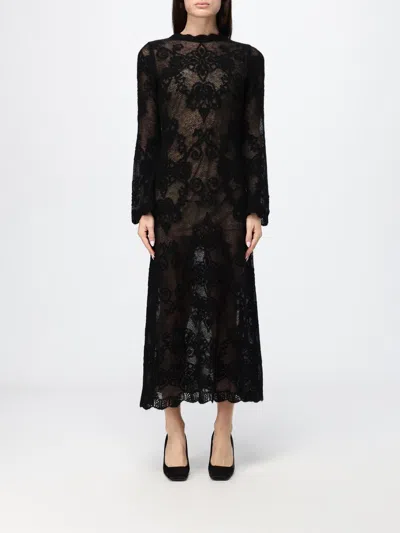 Twinset Long Sleeve V-neck Tech Fabric Long Dress With Back Closure In Black