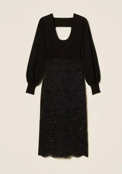 Twinset Robe Midi En Maille Et Dentelle In Black