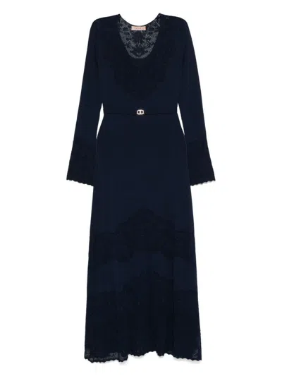 TWINSET TWINSET BLUE LONG DRESS WITH LACE