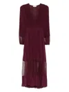 Twinset V-neck Long Sleeve Dress With Sheer Panels In Burgundy