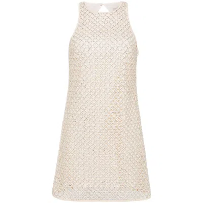 Twinset Beaded Mesh Minidress In Beige