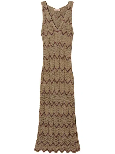 TWINSET TWINSET MIDI DRESS WITH ZIG ZAG MOTIF WITH SLIT