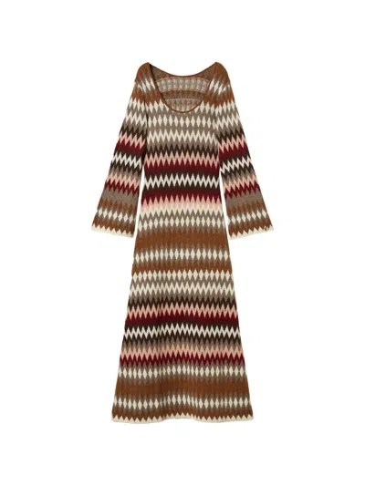 Twinset Dual-use Long Jacquard Knit Dress In Brown