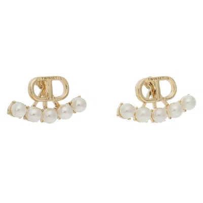 Twinset Earrings With Oval T And Pearls In New Gold