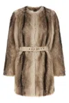 Twinset Long-sleeved Faux Fur Coat With A Tie-waist In Brown