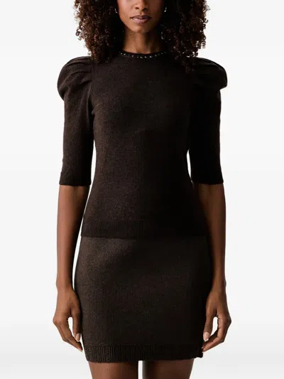 Twinset Embellished Puff-sleeve Sweater In Brown