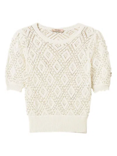 Twinset Twin-set Embellished Short Sleeve Sweater In Neutral