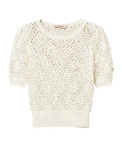 Twinset Embellished Short-sleeved Knitted Sweater In White