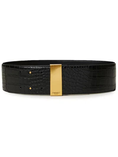 Twinset Embossed Crocodile High-waisted Belt In Black