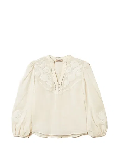 Twinset Embroidered Long Sleeve Blouse In Neutral