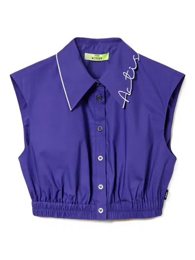 Twinset Embroidered-collar Cropped Cotton Shirt In Purple