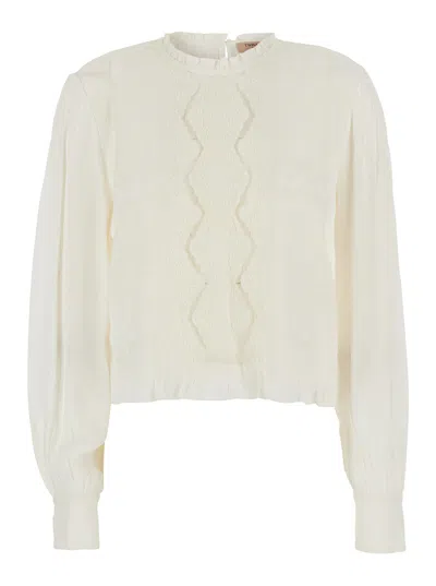 Twinset Embroidered Crew Neck Blouse With Drawstring Hem And Keyhole Back In White