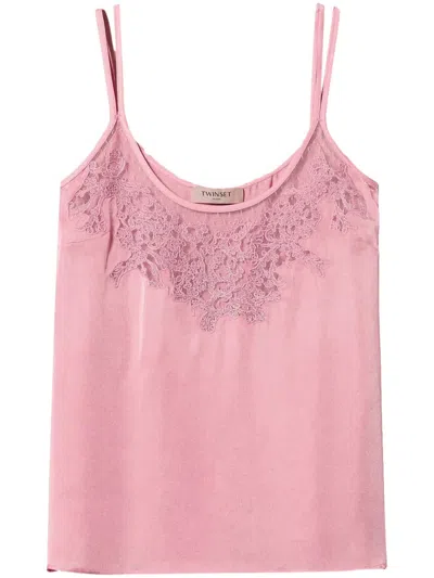 Twinset Embroidered-detailing Satin Top In Pink