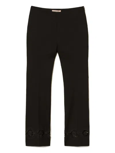 Twinset Embroidered Floral-lace Trousers In Black