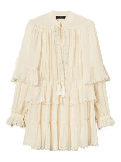 Twinset Embroidered Georgette Dress In Neutral